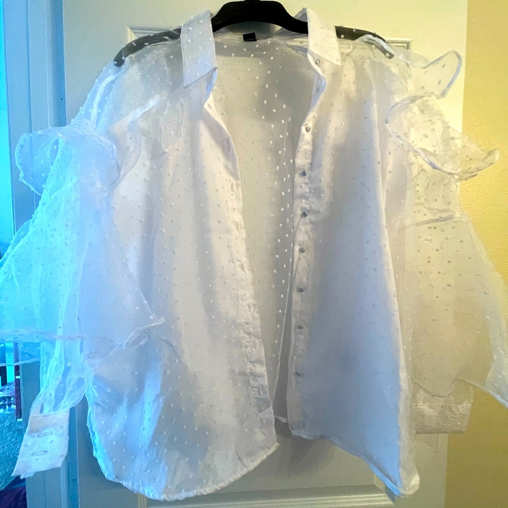 White Shear Button Up with Ruffle Arms